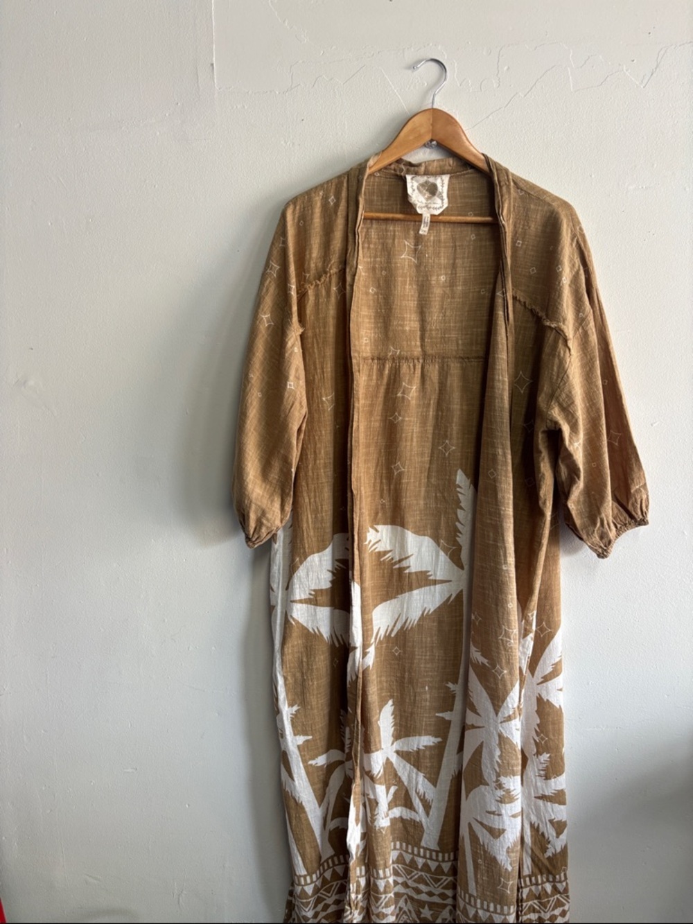 Z&L Boho Open-Front duster in Brown with White Palm Print - Picture 1 of 6